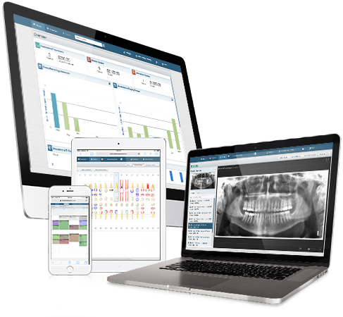 Dental software for Mac displayed on a computer, laptop, tablet, and mobile phone